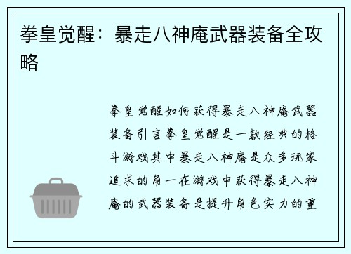 拳皇觉醒：暴走八神庵武器装备全攻略