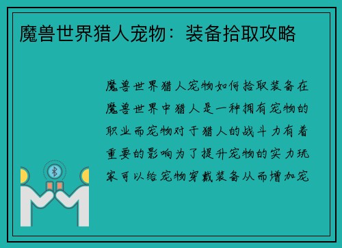 魔兽世界猎人宠物：装备拾取攻略