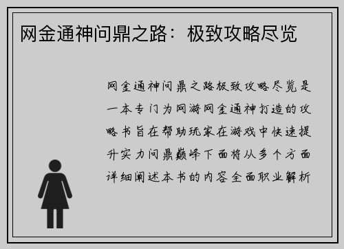网金通神问鼎之路：极致攻略尽览